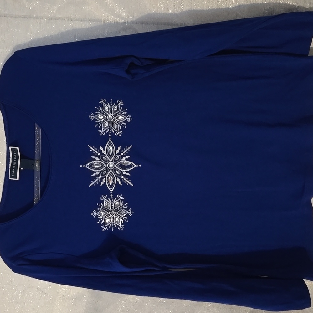Karen Scott Royal Blue Snowflake Embellished Top